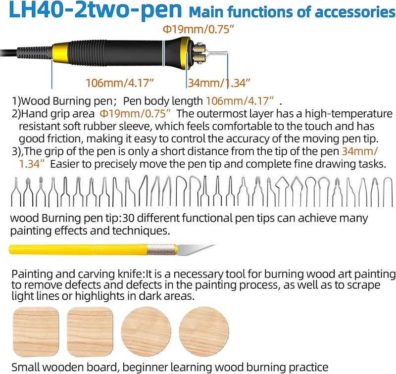 FIRElood Wood Burning Tool, Wood Burner kit Pen 25~750℃, Wood Burning kit with Digital Thermometer Temperature Adjustable Temperature, 2 pyrographic Wood Burning pens, 30 Wood Burning Pen Tips - Image 5